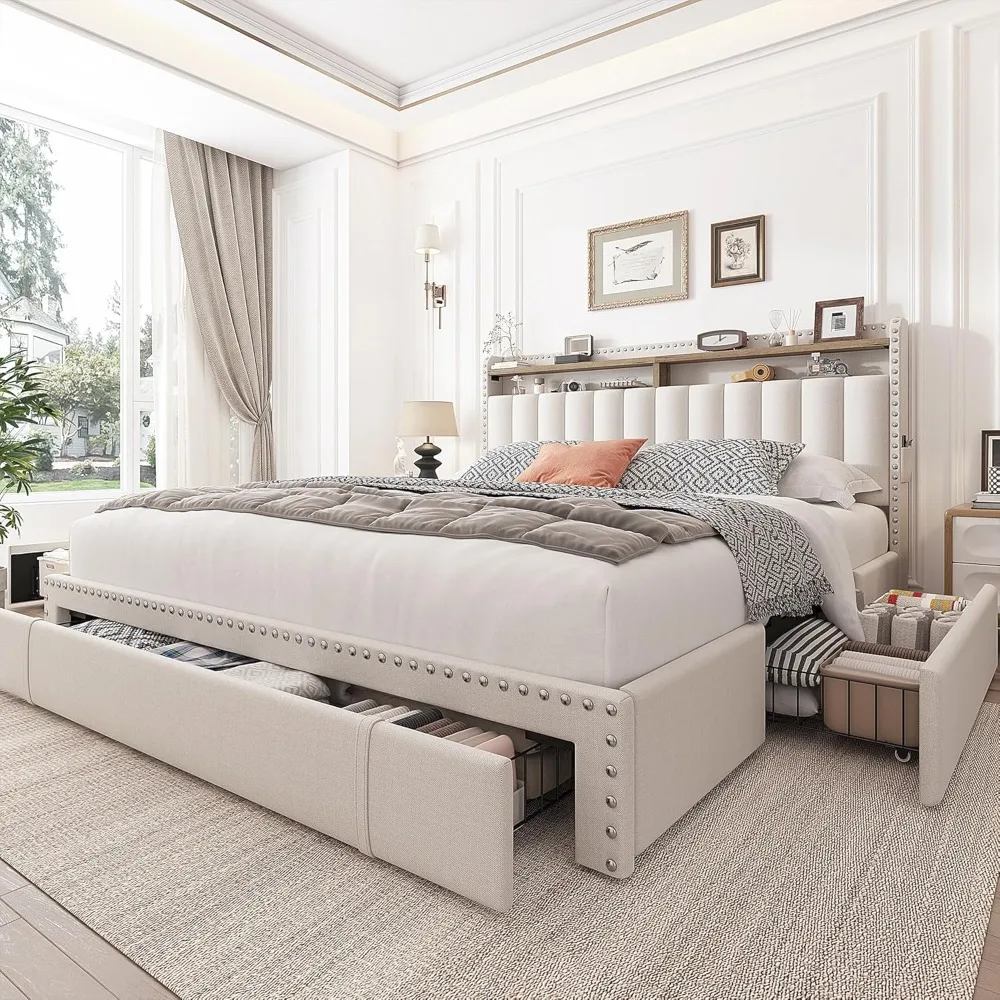 Queen Bed Frame with 3 Drawers,Bed Frame Queen Size with Upholstered Headboard and Storage