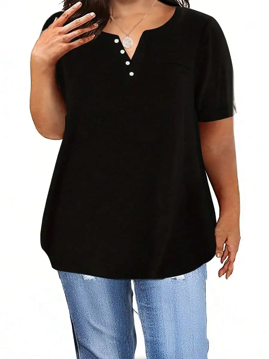 

Plus Size Women Summer Comfortable Solid V-Neck Short Sleeve Loose T-Shirt With Pocket