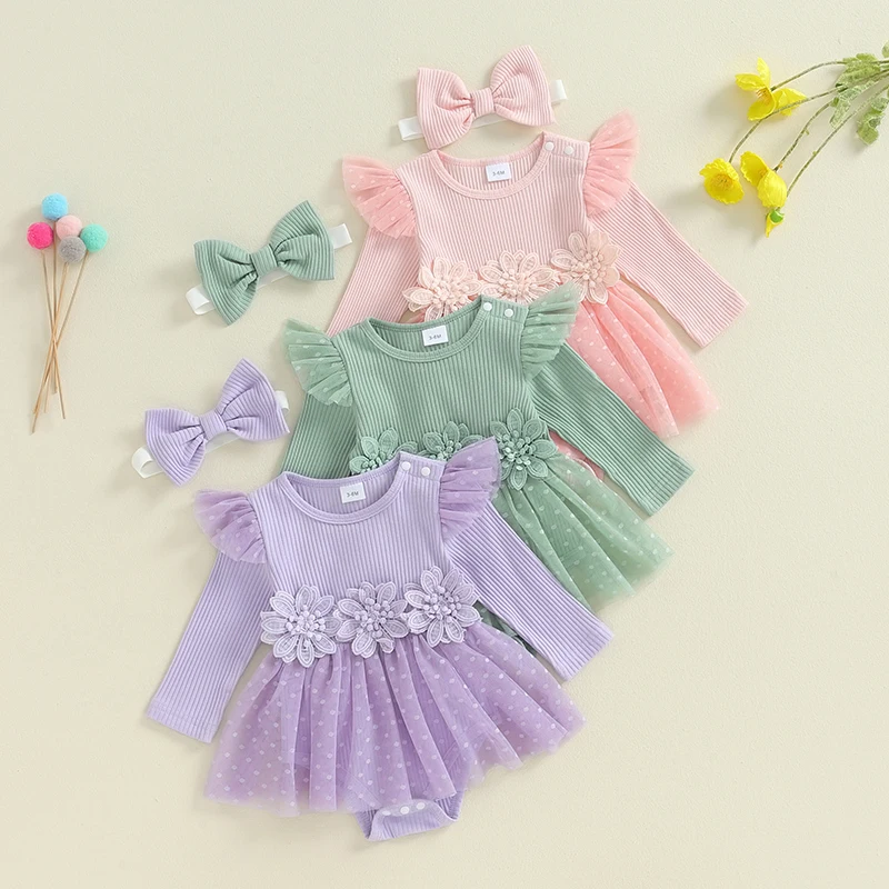 

SUNSIOM 0-18M Baby Girls Fall Romper Dress Long Sleeve Tulle Patchwork 3D Flower Embroidery Jumpsuit with Bow Headband