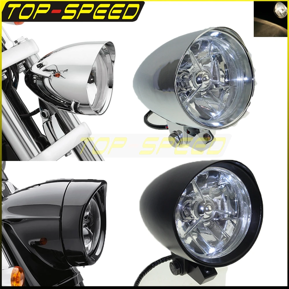 For Harley Sportster Dyna Softail Cafe Racer Chopper Bobber Motorcycle Headlight Black/Chrome High/Low Beam Front Head Lamp 12V