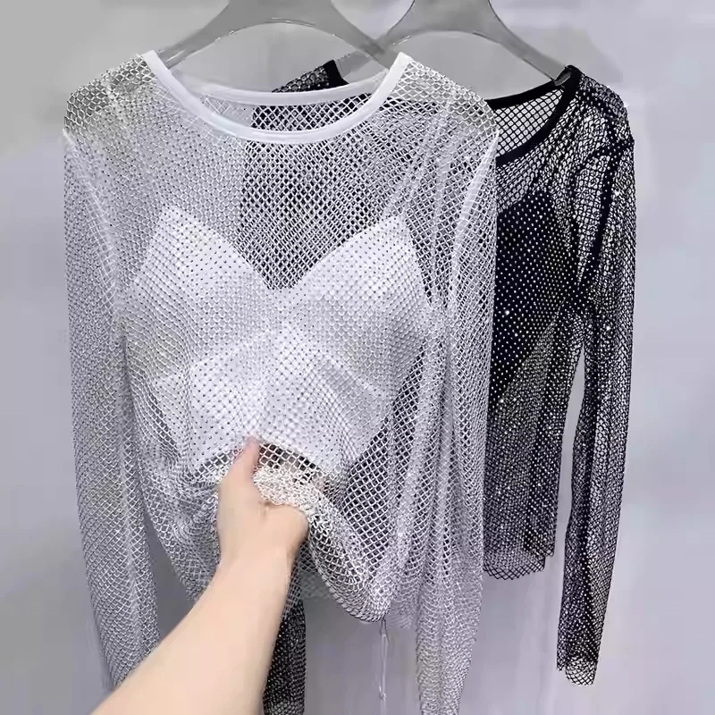 Women's Tops Spring and Summer New Shiny Diamond T-shirt Women's See-through Hollow Performance Party Tops