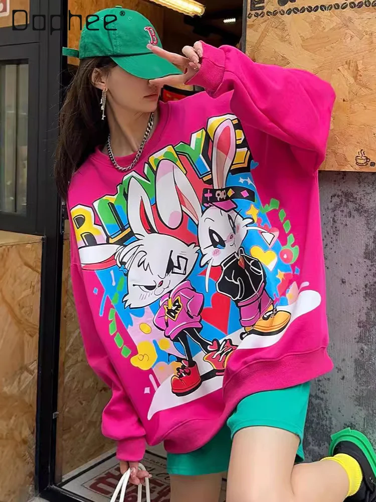 

Casual Loose Graffiti Cartoon Printed Long Sleeve Hoodies Women 2024 Spring Autumn Mid-Length Round Neck Sweatshirts Female Top