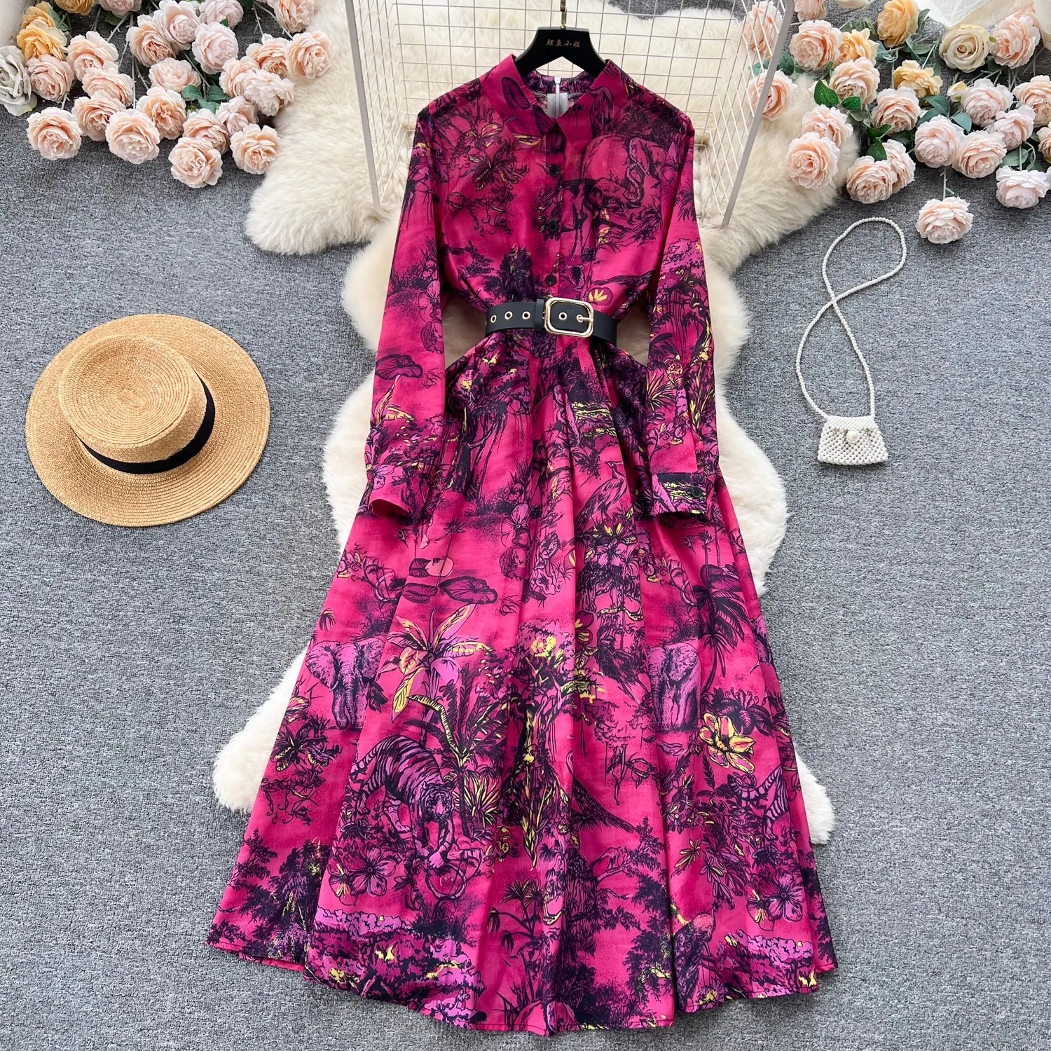 

Women's Lapel Collar Vintage Midi Shirt Dress Autumn Runway Pleated Long Sleeve Retro Jungle Print Ladies Long Dress With Belt