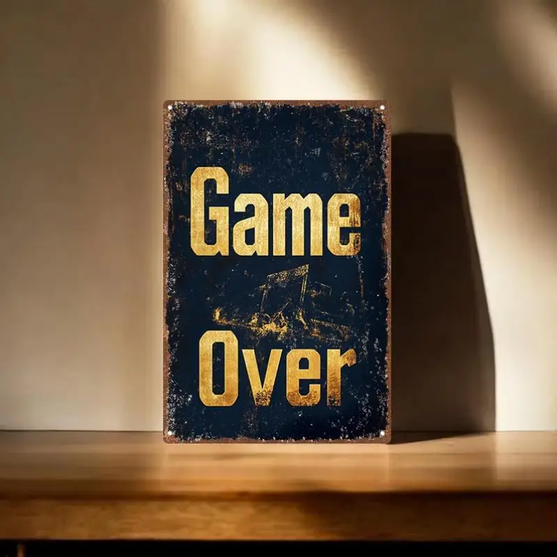 Vintage Game Over Metal Tin Sign - Retro Arcade Poster Dark Blue & Golden Gaming Decor Heavy-Duty Iron Plaque es Indoor