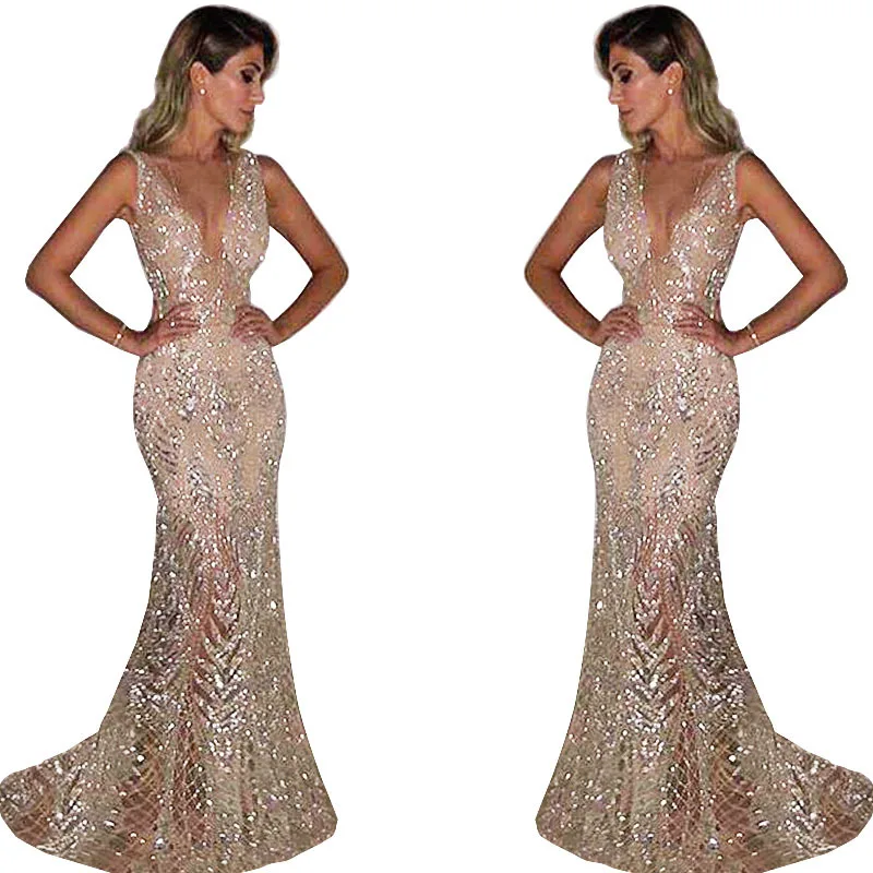 

Annual Party Evening Dress Women Long Sleeveless Sexy Deep V Sequins Dress Women