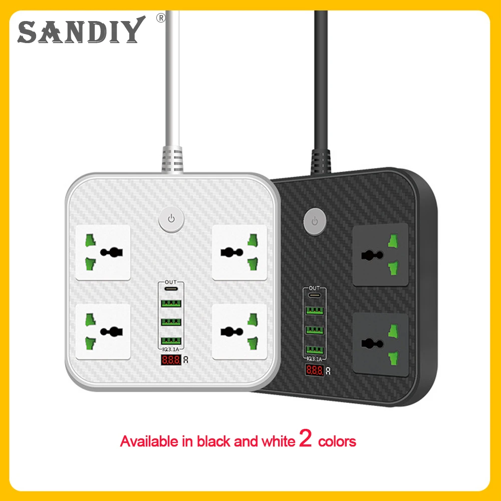 SANDIY EU Plug AC Outlet Power Strip Multitap Extension Cord 3000w Electrical Socket 4 USB Ports1 Type-C Fast Charge with Switch