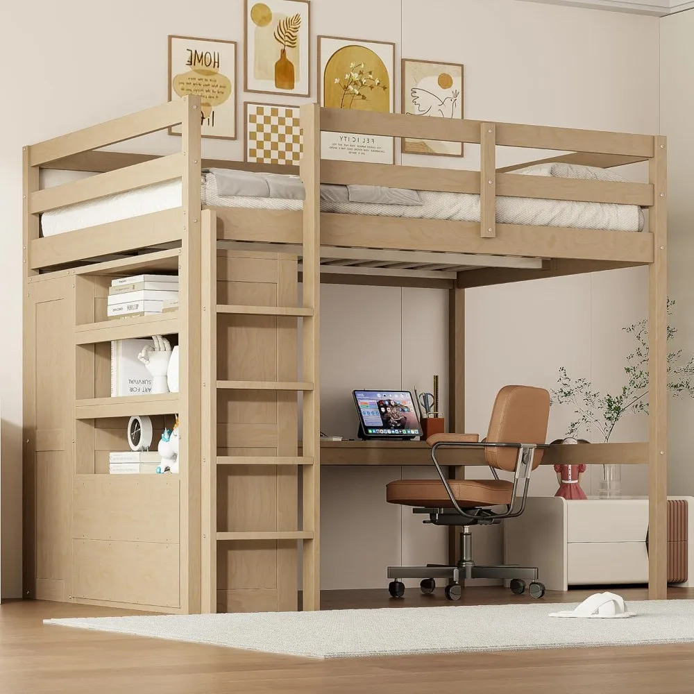 Designs Full Size Loft Bed with Desk & Wardrobe, Wood Full Loft Bunk Bed with Storage Shelves and Drawer