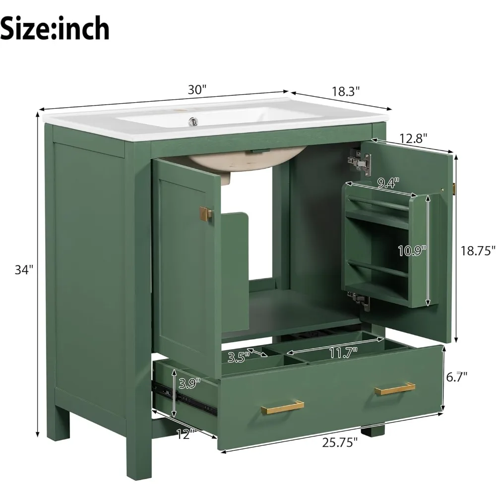 30 Inch Green Bathroom Vanity with Single Sink,Combination Under Counter Sink,2 Doors and a Drawer,Soft Closure,Solid Wood Frame