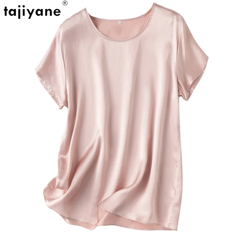 Tajiyane Women 100% Mulberry Silk 19 Momme half sleeve Round Neck Top Shirt Blouse T-shirt More Colors women\'s tops ropa mujer