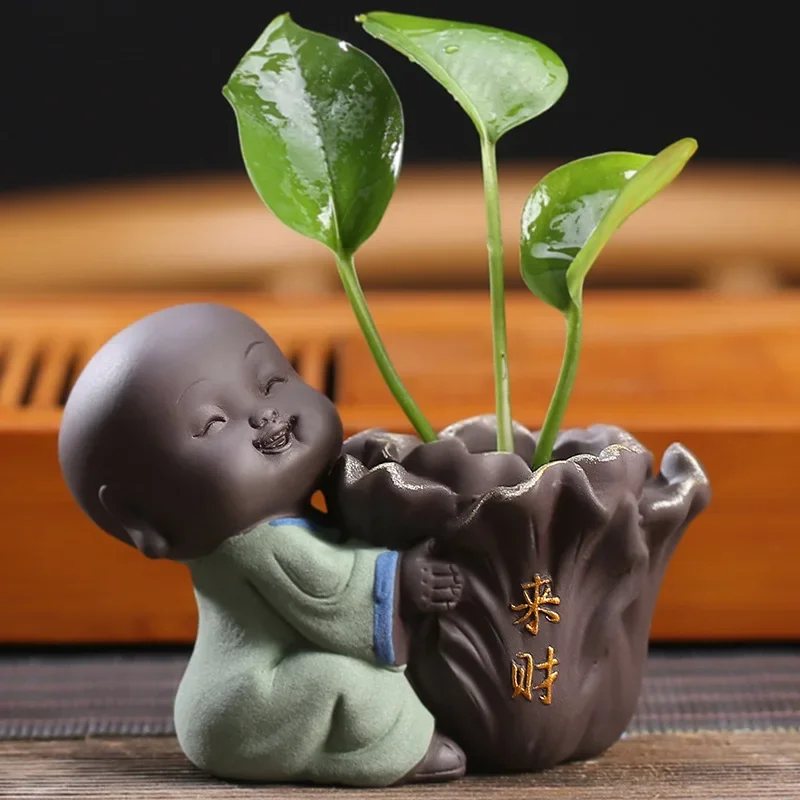 Fortune Lucky Cute The Little Monk Purple Clay Tea Pet Home Decor Mini Water Planting Flower Vase