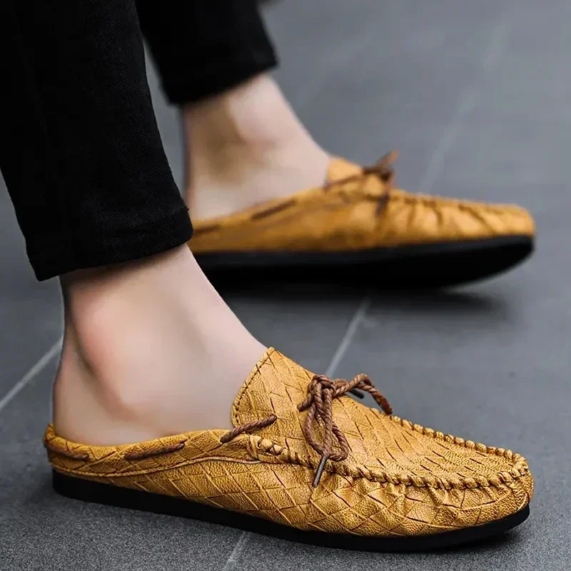 Summer Men Shoes Casual Fashion Mens Loafers Genuine Leather Half Slipper Breathable Slip on Lazy Driving Shoes Men Moccasins