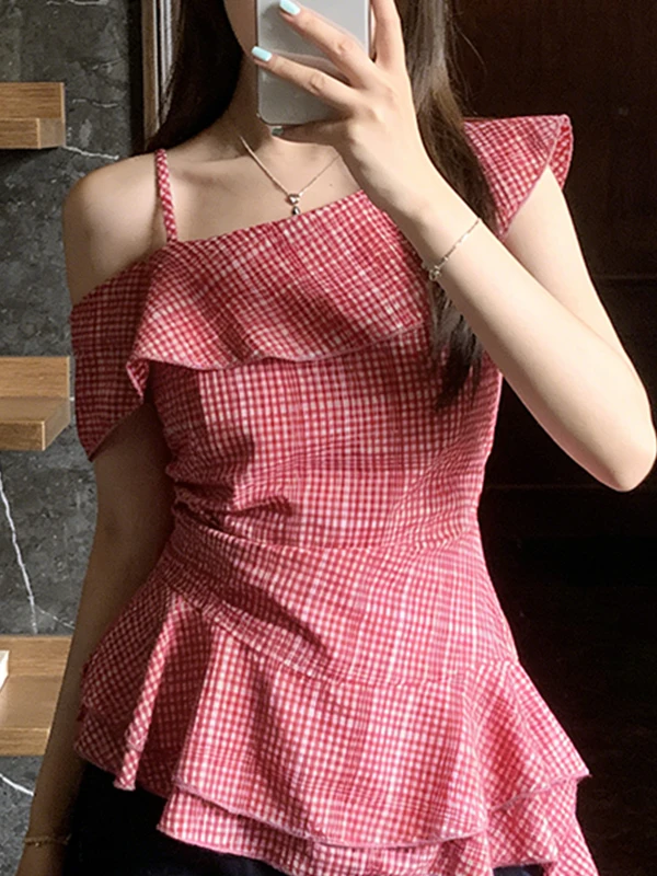 

Unique Beautiful Large Size Summer Checkered Shirt Shoulder Bared Side Slanting Girl's Commute Style Korean Fashion Blouse
