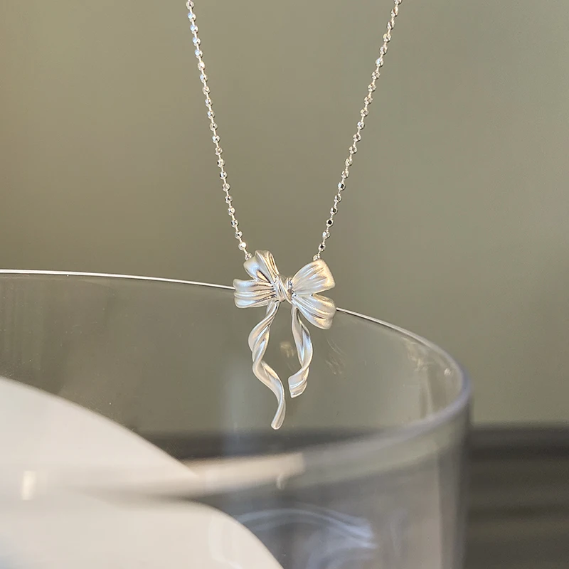 Collar con colgante de lazo de plata de ley S925 para mujer, cadena de clavícula, joyería fina de lujo para fiesta de boda, regalos elegantes, nuevo