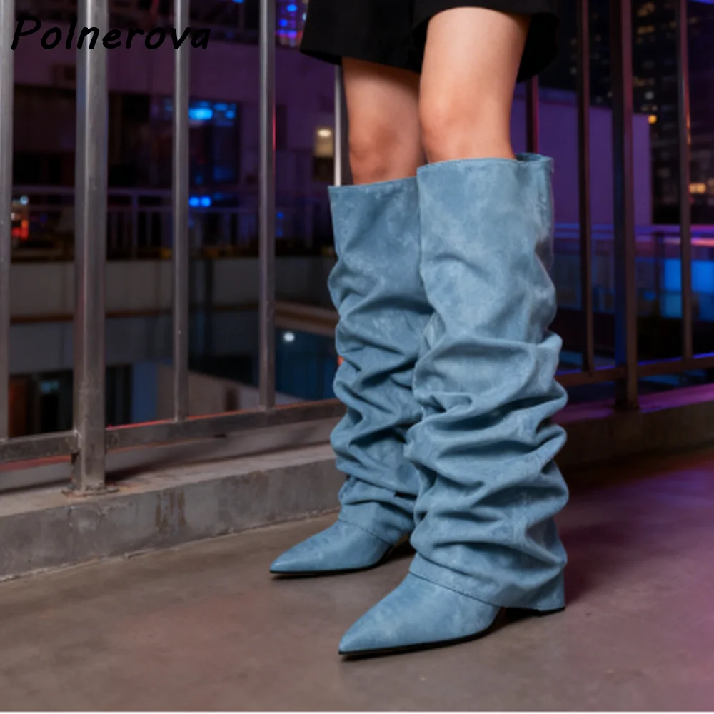 Pleated Blue Knee High Boots Solid Turn Over Edges Slip On Sexy Pointy Toe High Heels Shoes Women's Winter Elegant Shoes