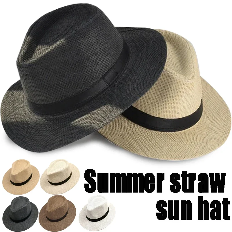 Handwoven Straw Sun Hat Solid Color Summer Beach Vacation Panama Jazz Sunscreen Women Hawaii Trend Sunshade Gangster Bucket Cap