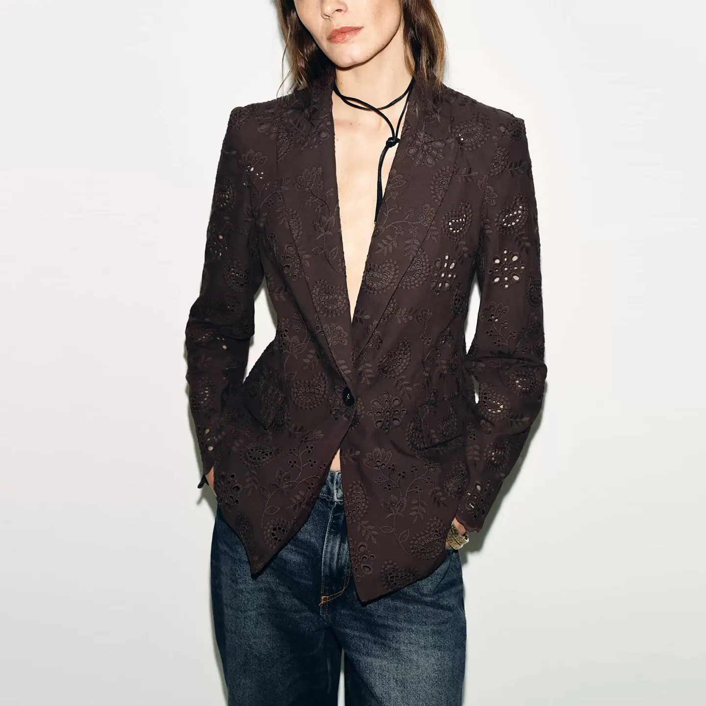 Women's Summer 2026 Long Sleeve Straight Cut Shoulder Pad Embroidered Suit Jacket Hollow out Design Premium Quality Fashionable