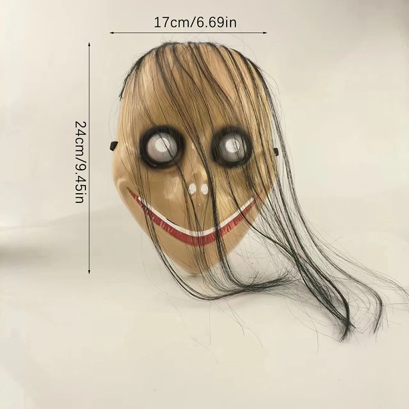 New Halloween Horror With Long Hair Mask Funny Mask V-shaped Mouth Mask With Hair Female Ghost Mask Roleplay MoMo Mask 17*24cm