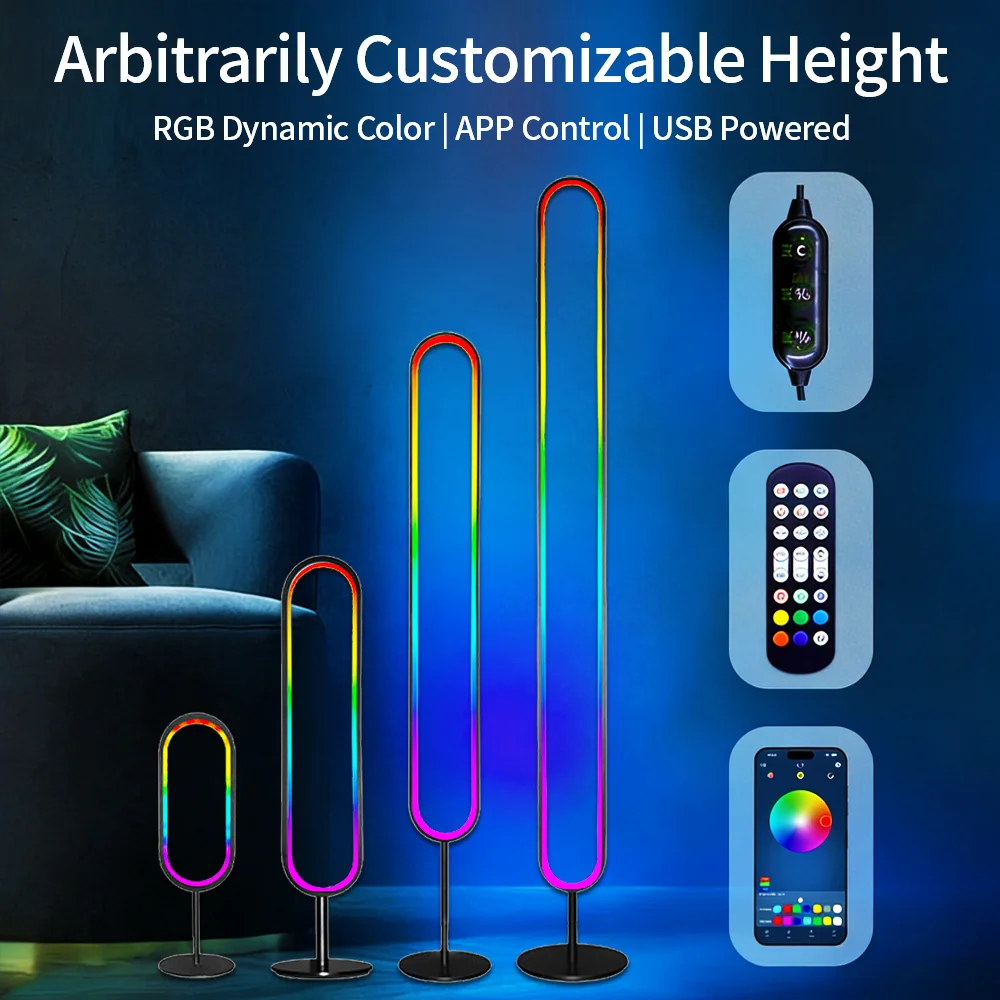

U Shaped Corner Multiple Sizes RGB Color Changing Floor Lamp Remote APP Wired Control Three Control Sound Reactive Ambient Light