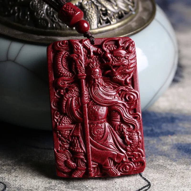 Cinnabar Pendant Purple Gold Sand Men's Guan Gong Brand Guan Yu Lord Guan the Second Raw Ore Color Sweater Chain Necklace