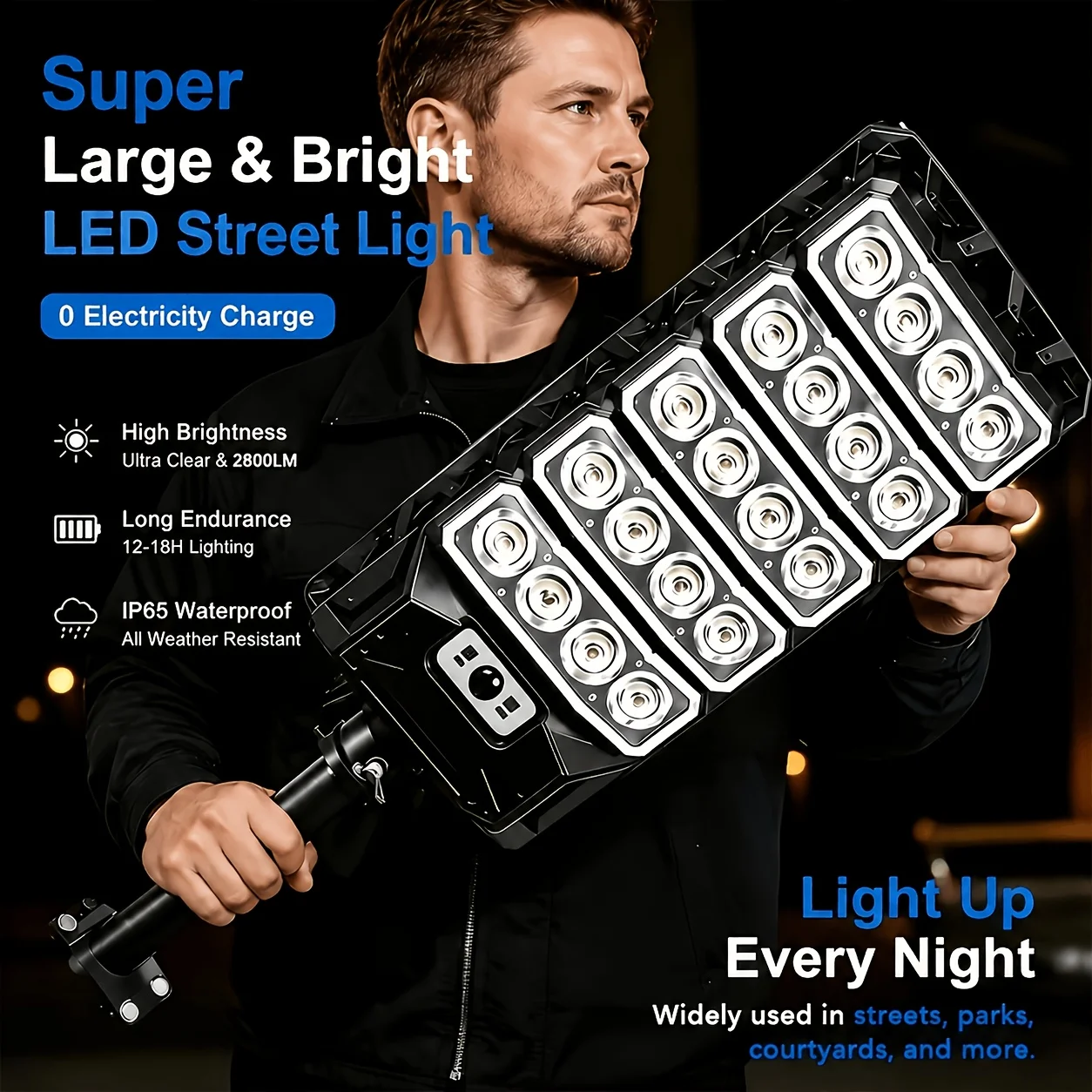 New Extra Large 1200 LED Solar Street Light, 5800Mah Battery. Solar-Powered, No Electricity Cost, IP65 Waterproof. PIR Motion Sensor Enables Auto Night Lighting. Serves As Searchlight, Security & Emergency Light. Great for Parking Lots, Yards