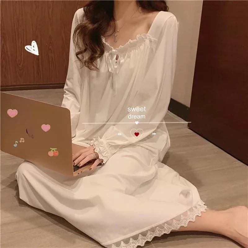 Sexy White Sleepwear Night Dress Women Korean Style Ruffles Pajamas Long Sleeve Solid Nightie Loose Nightgown for Sleep Ladies