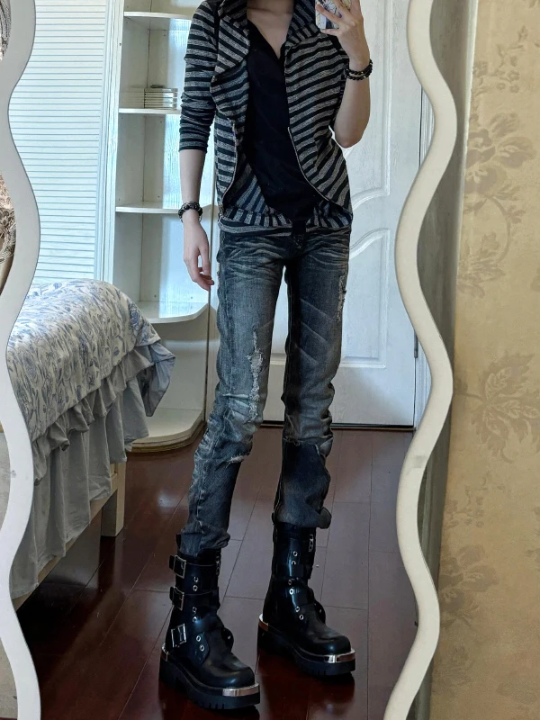 Retro American Distressed Tight Fit Denim Jeans Women's Spring Autumn New Style Spicy Girl Fashion Slim Folded Pants