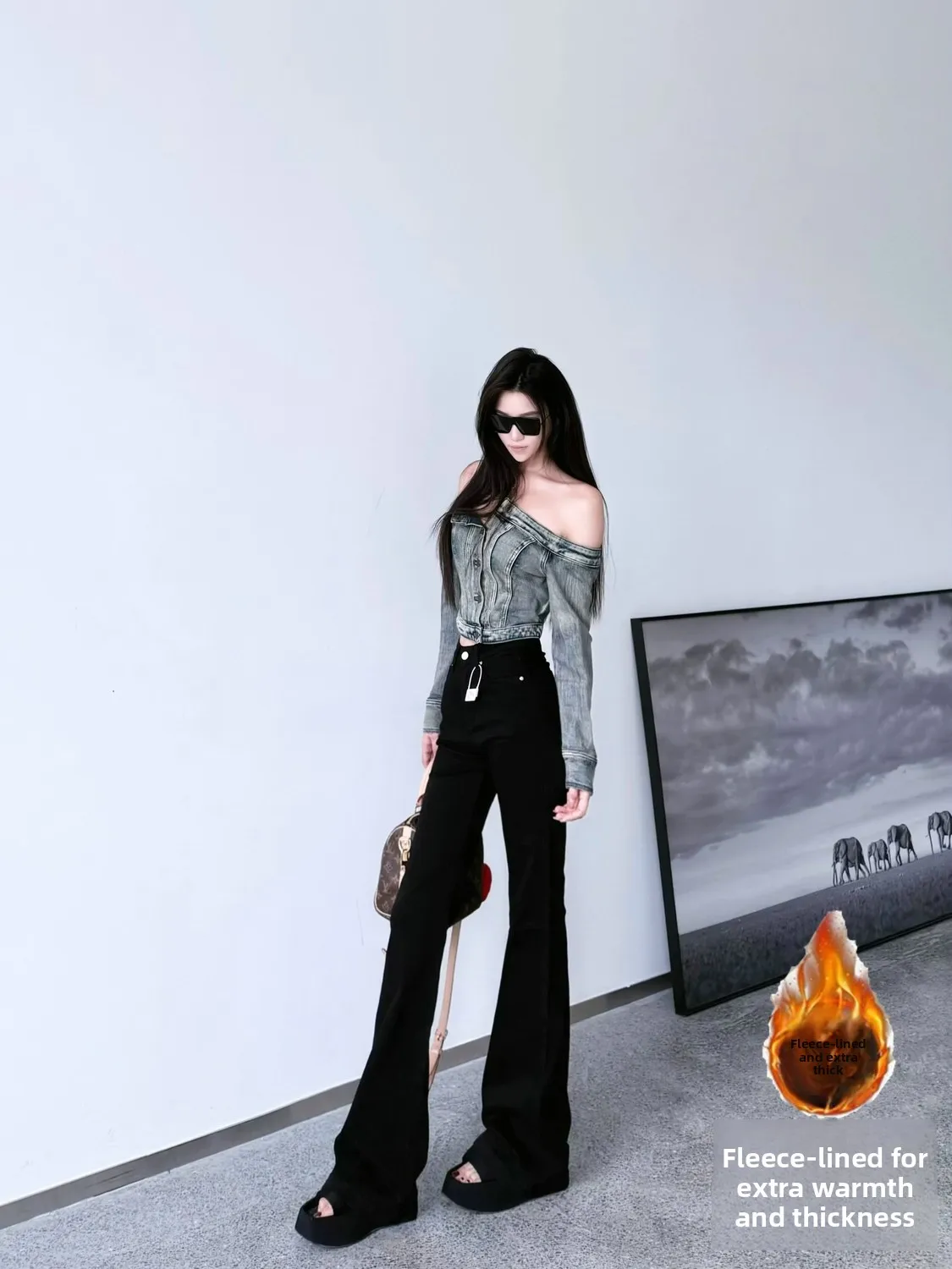 

Женские джинсы Thiened Fce с высокой талией, облегающие джинсовые брюки Bootcut, теплые длинные брюки Sli Bla на осень-зиму
