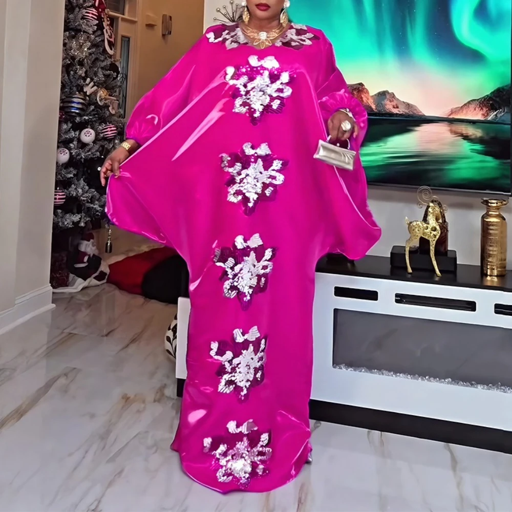 

African Women Shiny Bubu Dresses V Neck Batwing Sleeves Sequined Christmas Traditional Africa Long Loose Party Gowns New Event