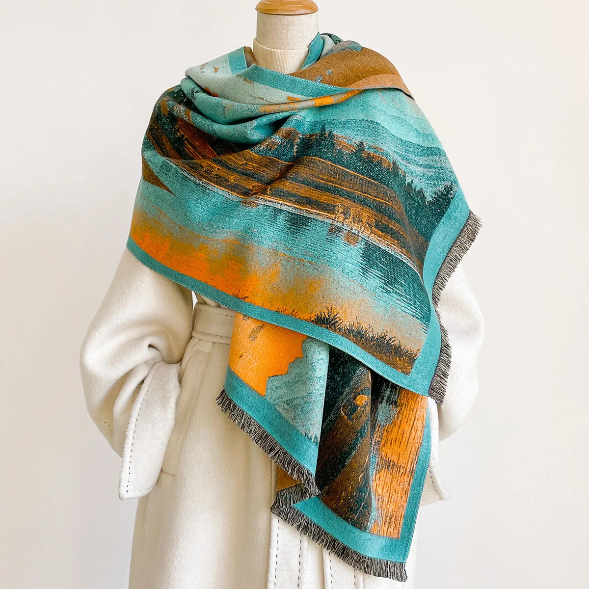 2026 Woman Oil Painting Faux Cashmere Stoles Cold Weather Fashion Thick Warm Shawl High Quality Wrap Scarves Pashmina Desigual