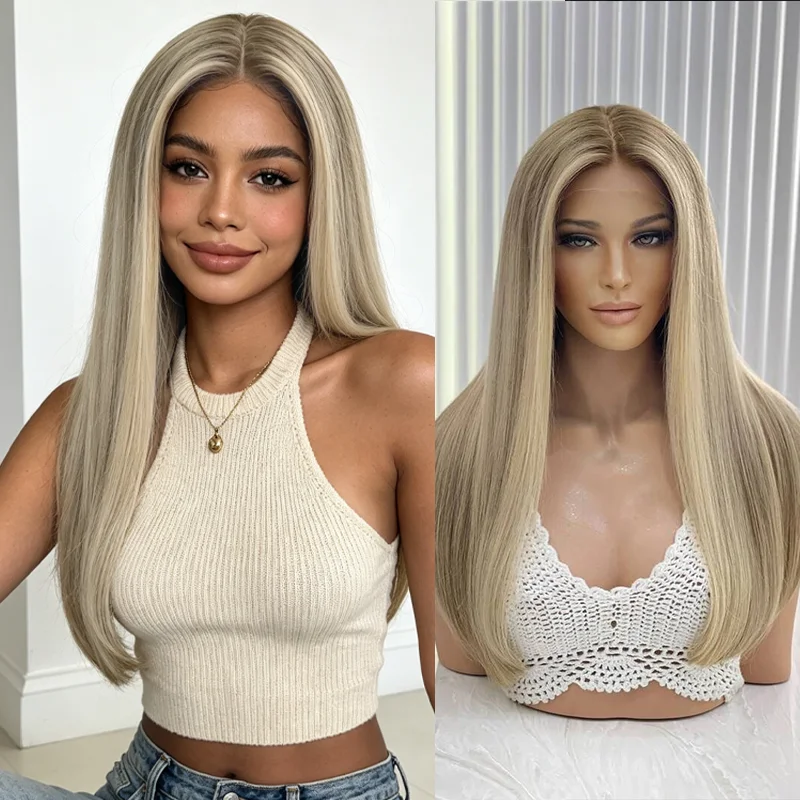 Long Straight Synthetic Wigs 13x4 HD Lace Front Wig Omber Brown Blonde For Women with Natural Roots Cosplay Wigs
