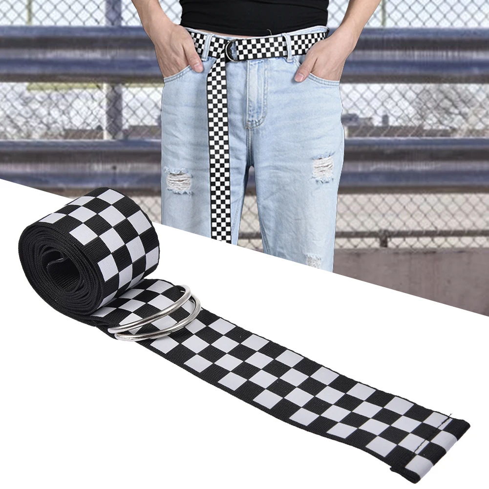 Canvas Plaid Belt Female Checkerboard Belt Casual Waist Black White Checkered Double D Ring Buckle Long Belts