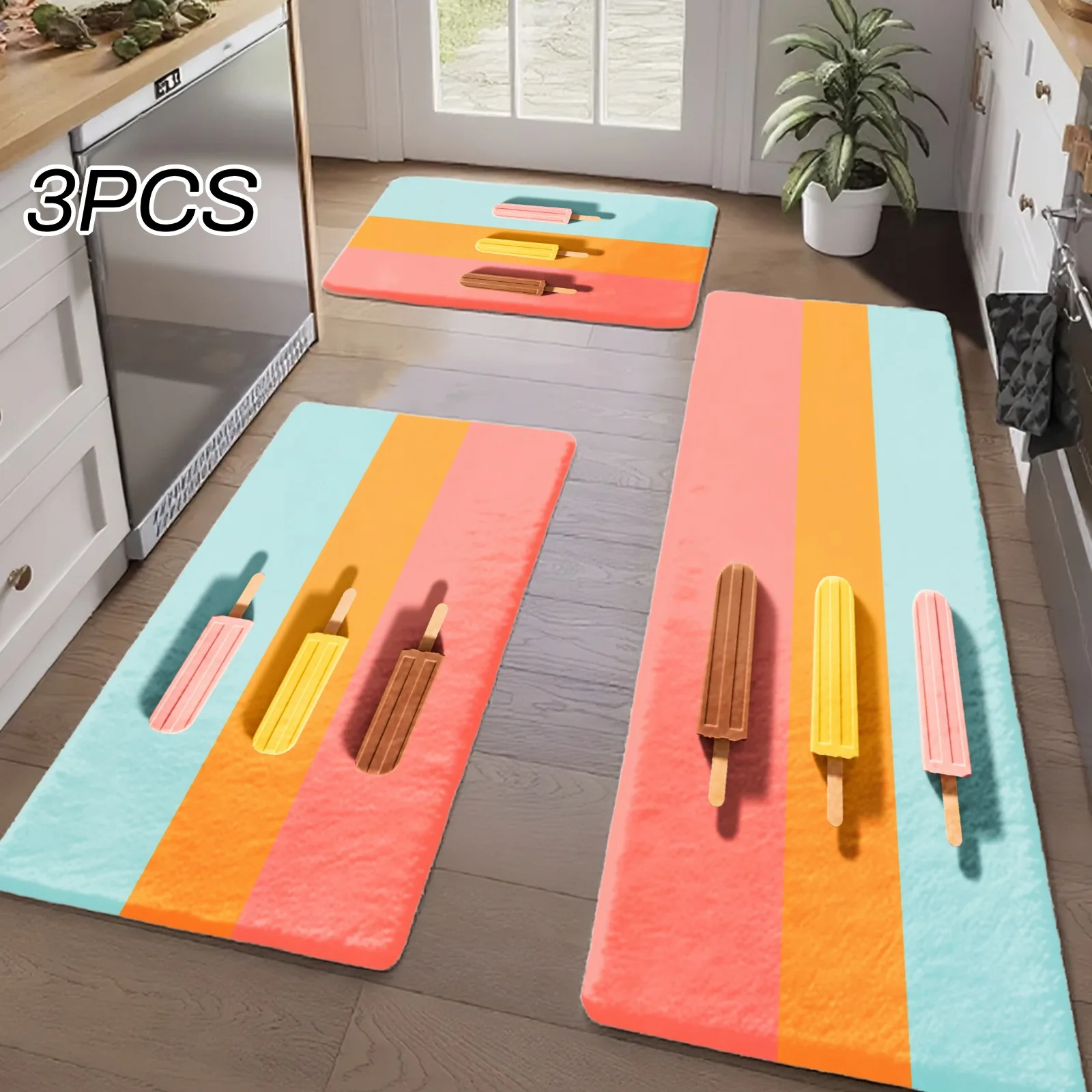 3PCS Kitchen Rugs,Home Decoration for Front Door, Kitchen, Bathroom, Colorful Ice Cream Pattern Print Dining Mat