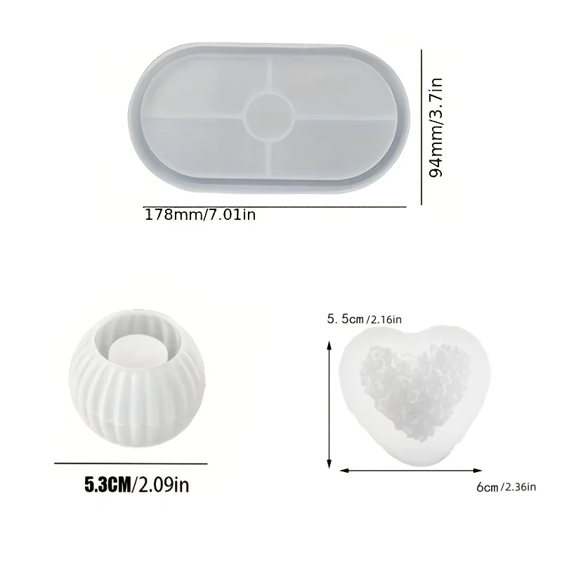 Silikonformen-Set mit drei Designs: gestreifte Kerzenhalter, blumenförmige Herzkerzen und dekorative Teller für die Heimdekoration. – Detail 4
