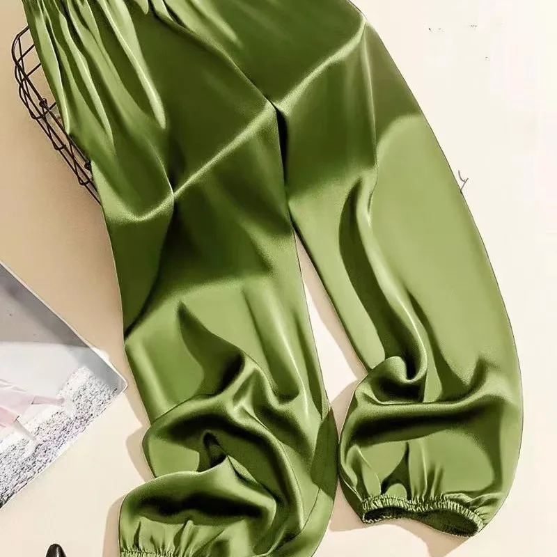 Minimalist Summer Solid Men's Wear Elastic Waist Ice Silk Fabric Pockets Fashion Versatile Loose Bound Feet Straight Pants