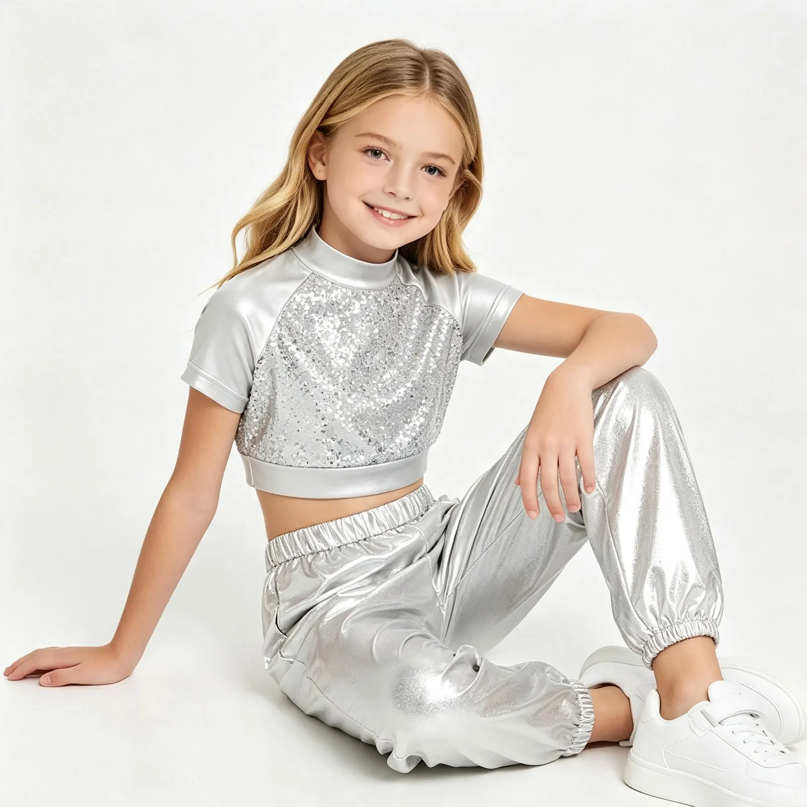 Kids Girls Hip Hop Jazz Dance Outfits Shiny Sequin Short Sleeve Sports Crop Top with Metallic Pants Modern Street Dance Costume