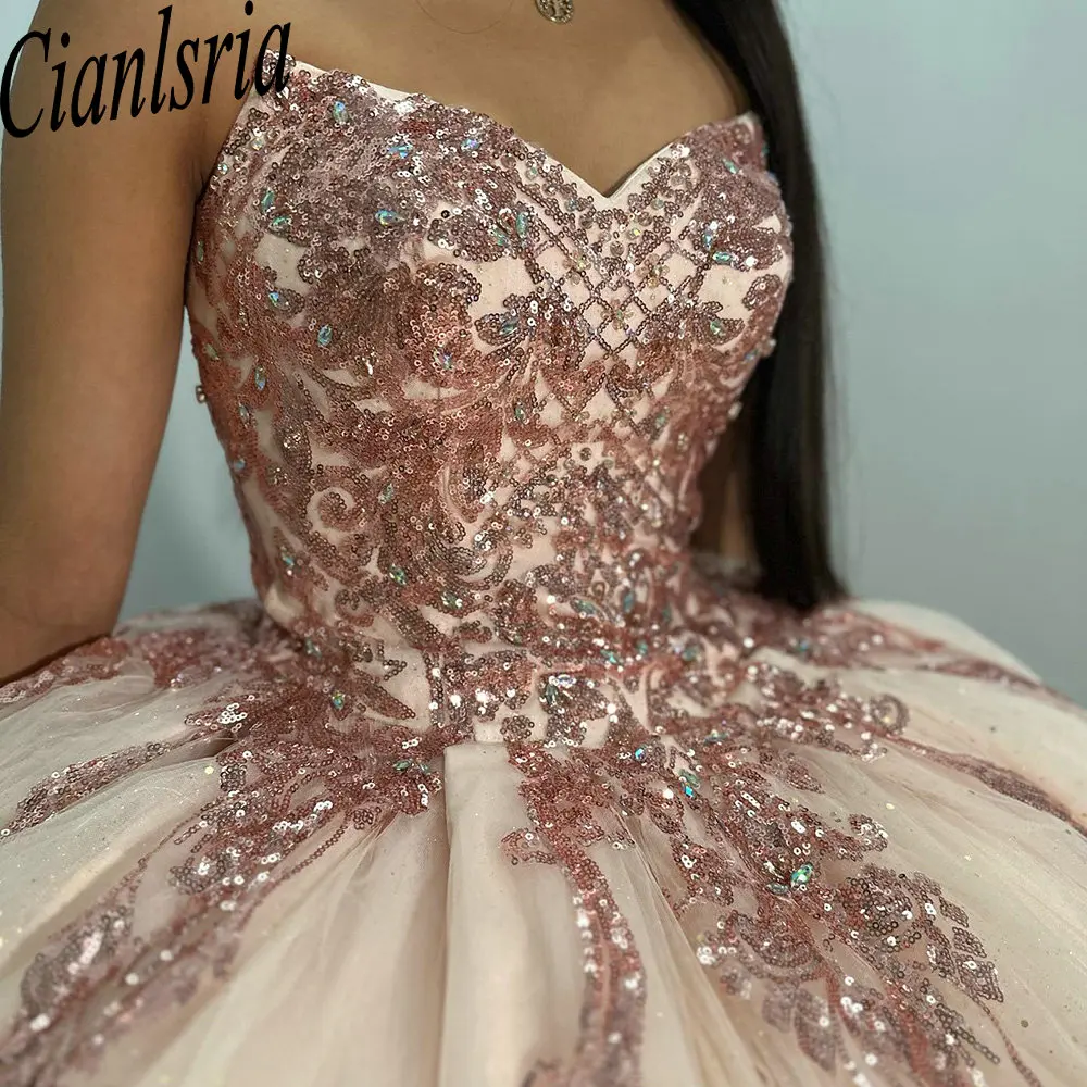 Vestido De baile sin tirantes para quinceañera, apliques De lentejuelas, corsé De encaje, color oro rosa, 15 Años