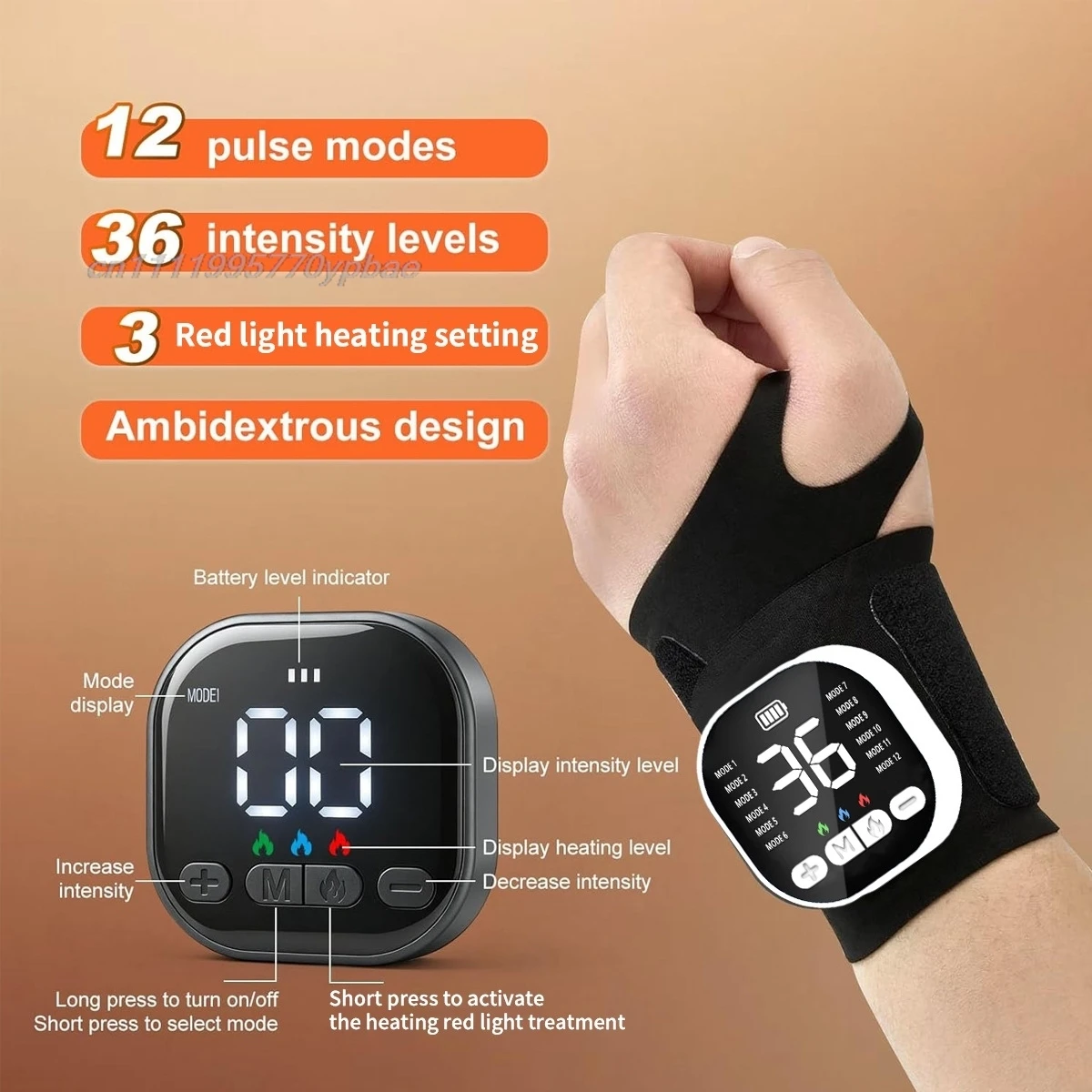 EMS Wrist Massager - Red Light Heating Therapy Wireless Pulse Stimulator Tendinitis Carpal Tunnel Joint Stiffness Relief