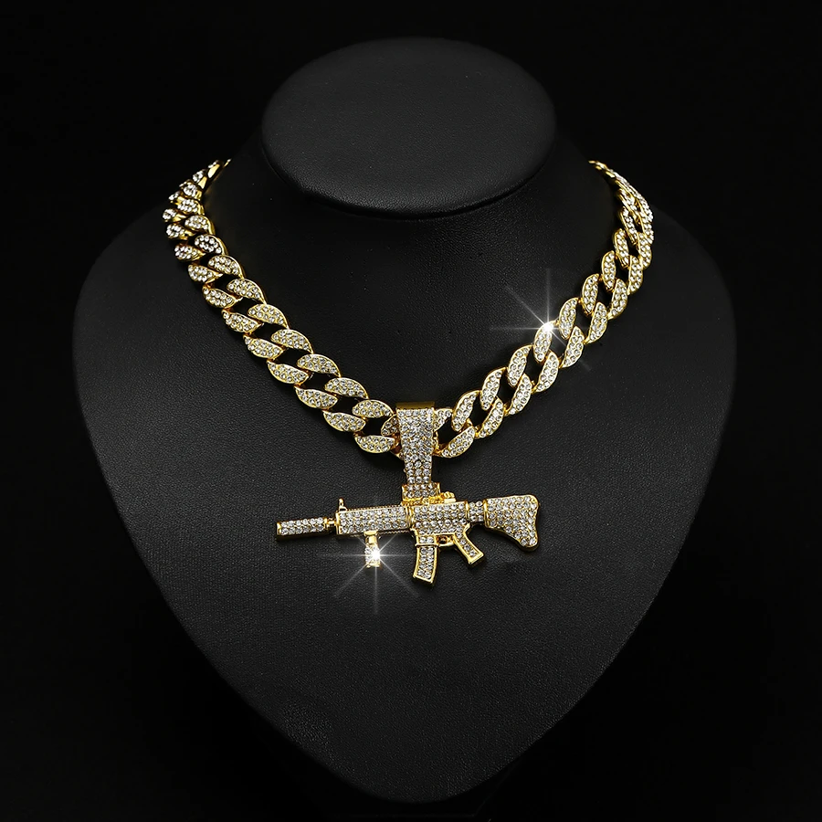 Hip Hop Bling Alloy Gun Pendant Necklace Cool Gun With Miami Cuban Link Chain