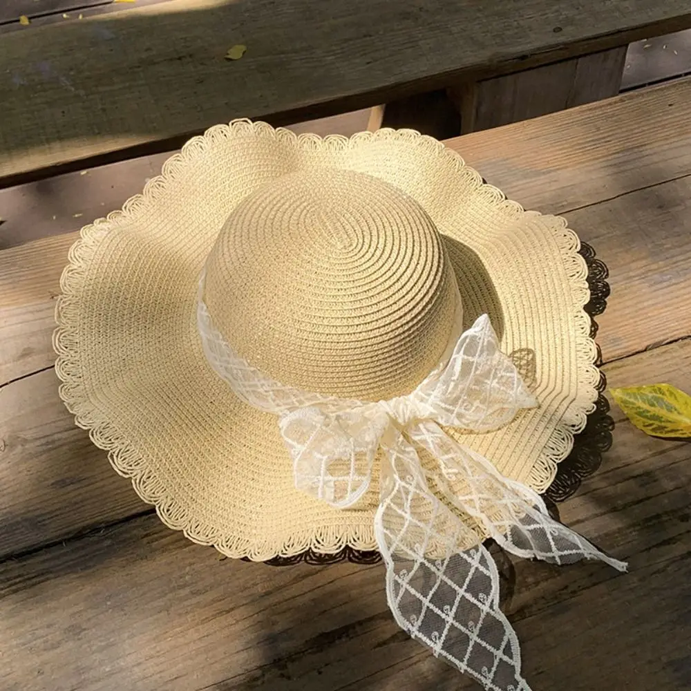 

Sweet Spring Summer Bow Ribbon Straw Hat Big Brim Foldable Lace Straw Hat French Style Beach Women's Sun Hat Lady