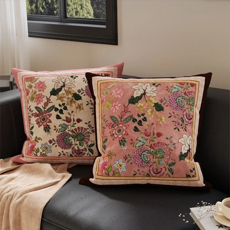 Chinese Retro Floral Throw Pillow,Pink Tone Decorative Lumbar Cushion for Living Room Sofa,Bedroom Headboard & Car Household Use