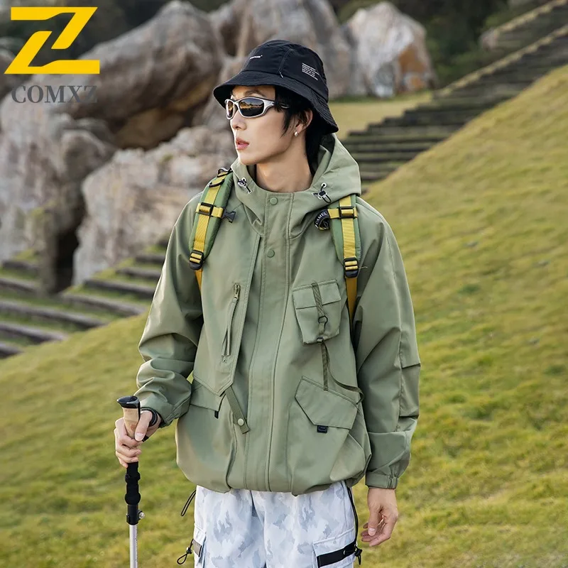 

COMXZ Mens Jacket Hooded Splicing Outdoor Mountaineering Windproof Jackets Casual Multi Pocket Scratch Resistant Autumn Wear