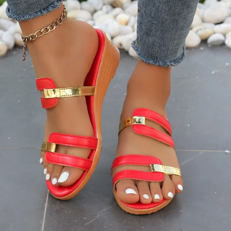 2024Ladies Summer Fashion Open Toe Narrow Strap Designer Womens Shoes Casual Leather Thick Sole Wedge Women's Sandals Large Size