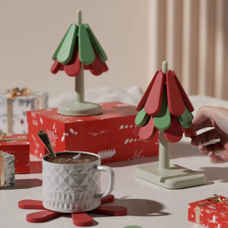 3pcs Tree Design Stand Wooden Trivets Decorative Anti Scald Heat Resistant Table Mat Coaster Wood Placemats Pot for Christmas