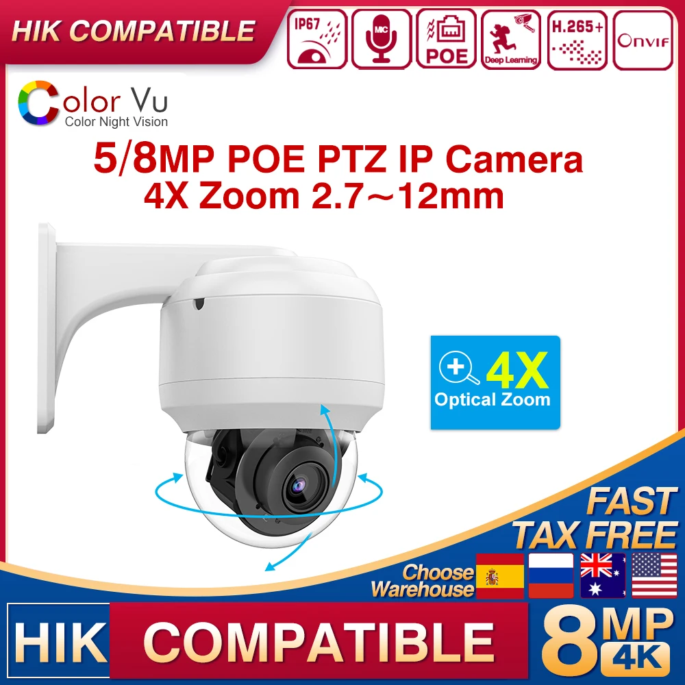 

Hiksion Compatible Motion PTZ 5MP 8MP 4K 4X Optical Zoom Security protection IP Camera IK10 Human Detect MIC Video Surveillance