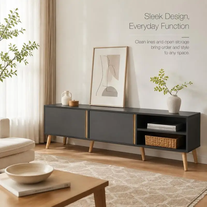 Mueble para TV de hasta 55 pulgadas, estilo escandinavo, 2 puertas, 2 nichos con paso para cables, 150 x 35 x 45 cm, gris oscuro. Crea una zona de almacenamiento de dispositivos multimedia ordenada para las necesidades diarias de visualización y entretenimiento familiar.