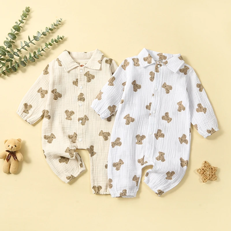 0-24M Newborn Baby Girl Clothes Cute Teddy Bear Print Turn Down Collar Romper Long Sleeve Jumpsuit Fall Outfit Bodysuit