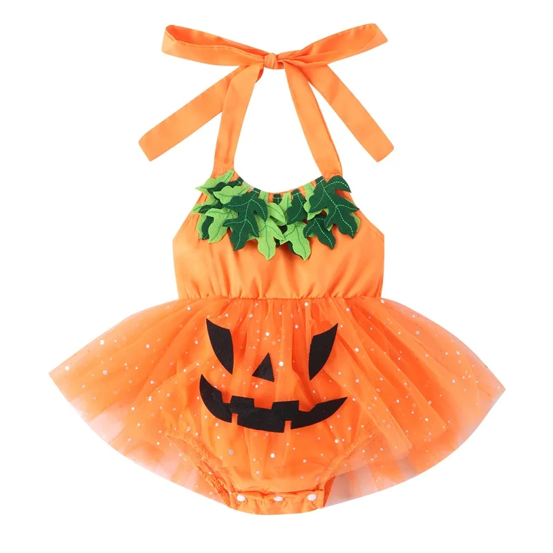 2023-07-22 Lioraitiin 0-24M neonate neonate Halloween body Dress Pumpkin Pattern senza maniche Halter paillettes tuta gonna