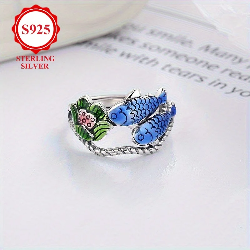 

Cloisonn É Double Fish Playing Lotus Ring Ladies' Retro Vintage Art Style Lotus Flower Opening Ring