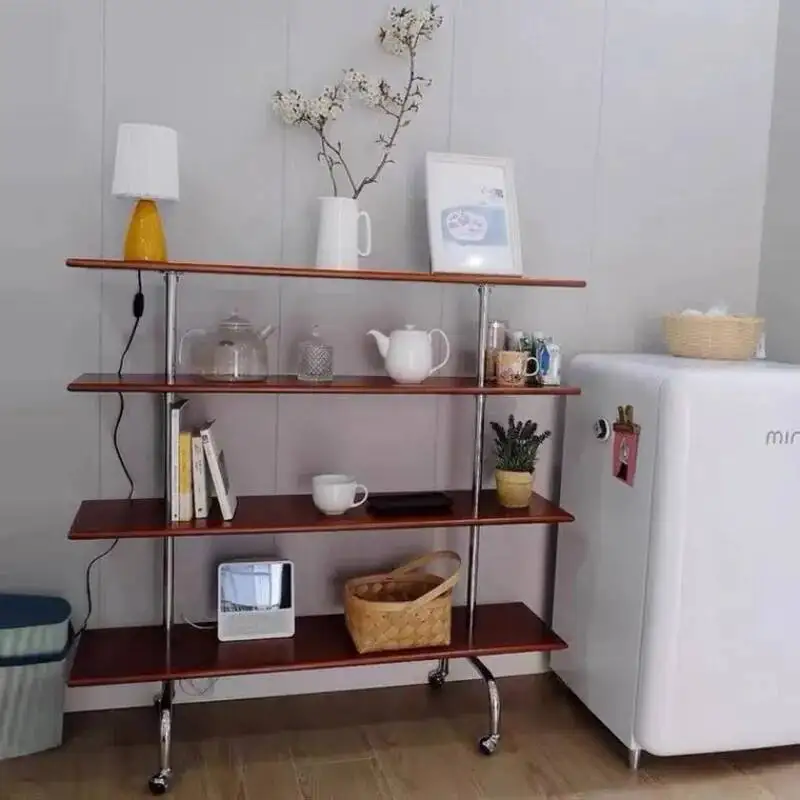 Stainless Vintage Designer Storage Holders Solid Wood Multi-layer Storage Rack Wood Floor Rack with Wheeled Cart Steel Bookshelf