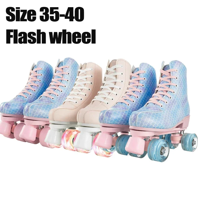 

Roller Skate Shoes,Roller Skates Double Row Skating Kids Adult Women 4 Wheels Shoes Cowhide Pu Flash Sneakers Rollers Patines